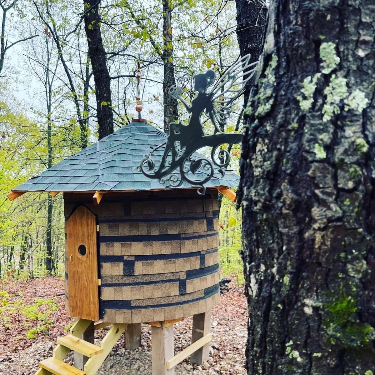 A whimsical woodland nook with a fairy sculpture and a circular wooden fairy house nestled among tall trees. The playful setting is designed for imaginative play and storytelling, blending seamlessly with the natural Ozark landscape.