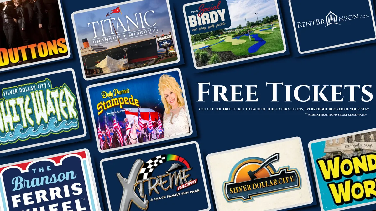 A vibrant interior shot showcasing attraction advertisements, colorful graphics, and the 'free tickets' text, suggesting planning family outings to top Branson attractions and entertainment.