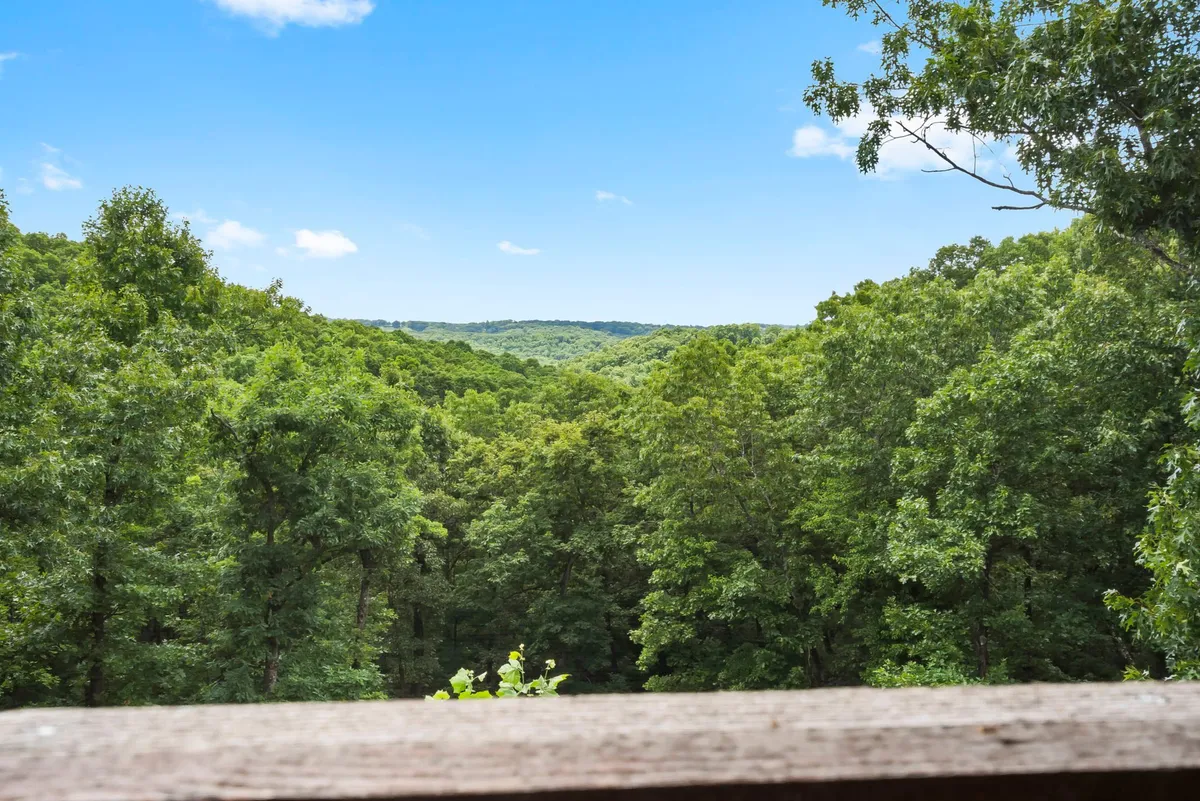 A serene viewpoint overlooking lush green Ozark hills under a clear blue sky, framed by vibrant trees. The peaceful setting invites quiet reflection, stargazing, and soaking up the natural beauty right from the property.
